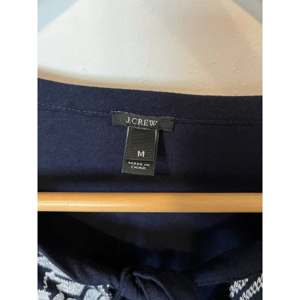 J Crew Navy White Embroidered Puff Sleeve Boho Peasant Blouse Size Medium